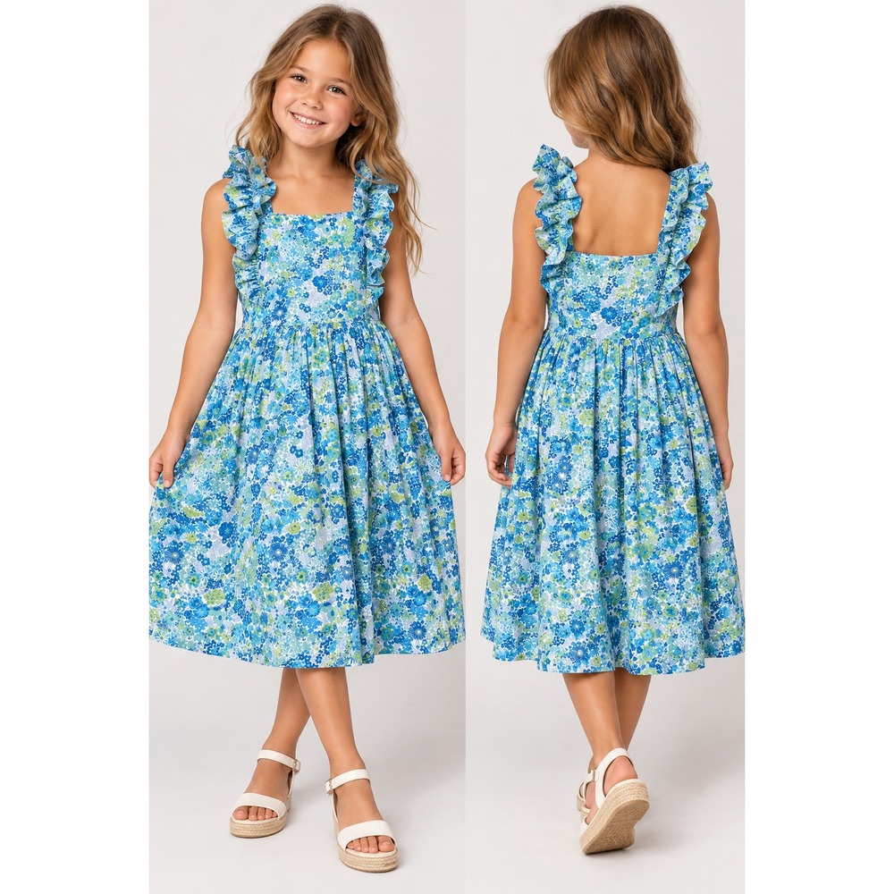Jacadi Dress Girls 8A Blue Green Floral Ruffle Strap Cotton A-Line Sundress